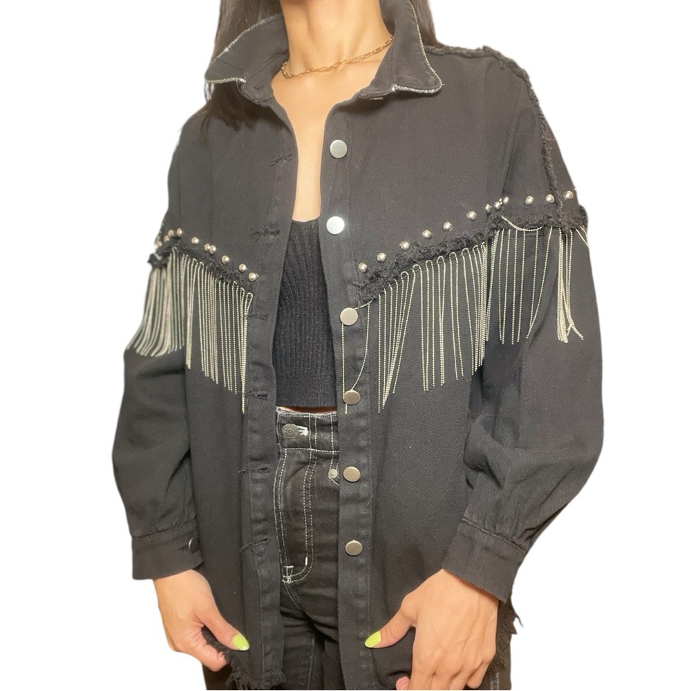 Black Denim Western Studded Fringe Jacket Medium